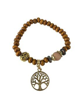 Bracelet Wood Beads Tree of Life Gold Tone Elastic